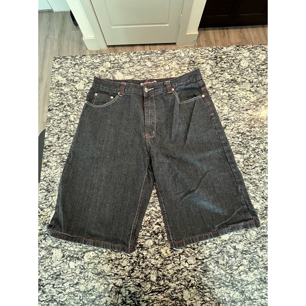 Jinzu Bermuda Shorts Mens 38 Black Cotton Dark Wash Contrast Stitch Embroidered